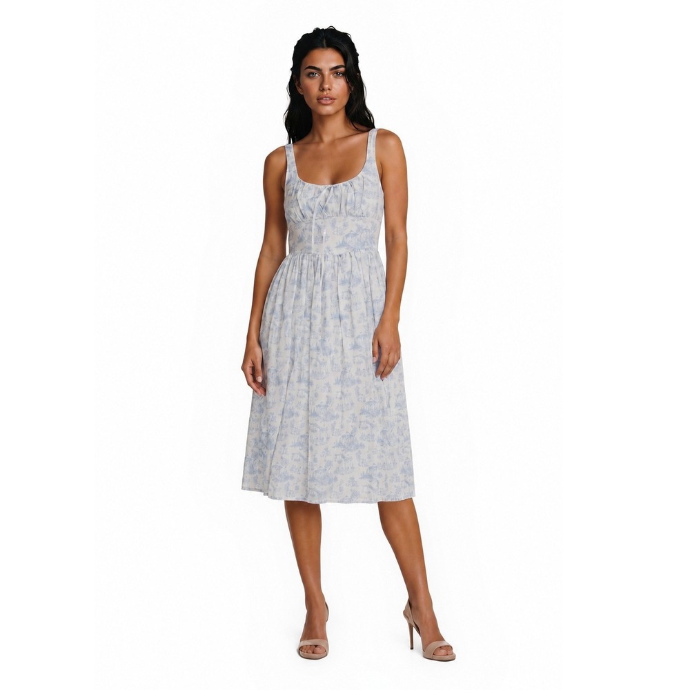 Celebrity Pink Bridgerton Midi Dress Women's Size Medium Blue Toile Milkmaid